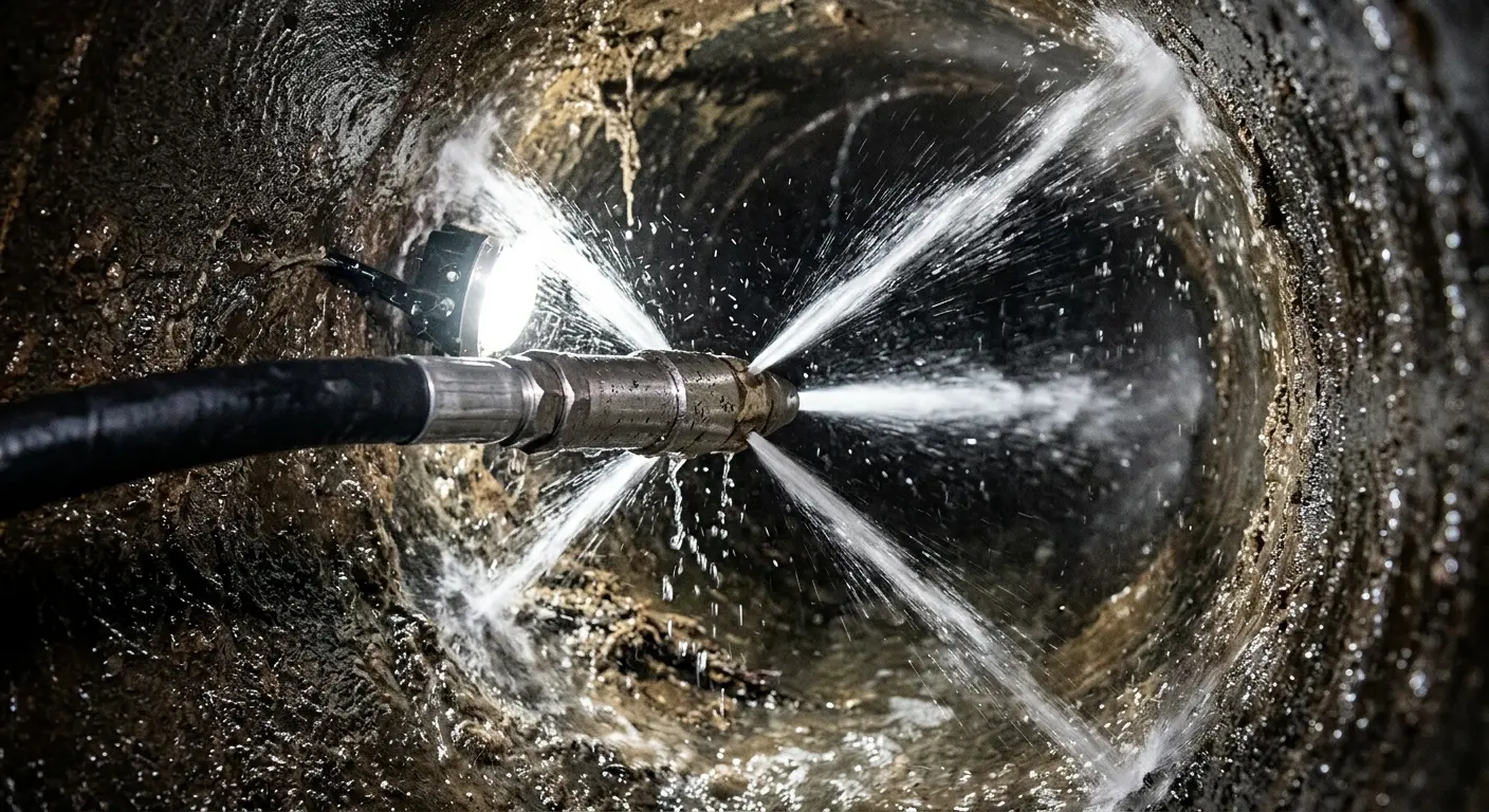 High-pressure hydro jetting nozzle cleaning sewer pipe for Sewer Cleanout in Blue Springs