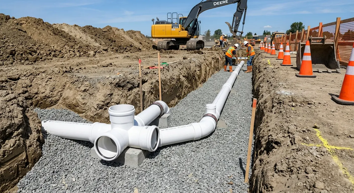 New PVC sewer pipe installation in open trench for Commercial Drain Cleaning in Blue Springs