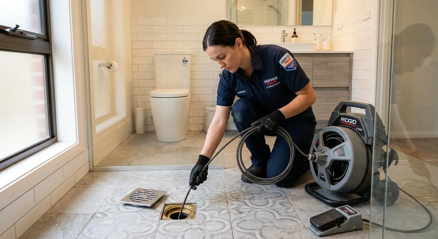 Technician clearing a bathroom floor drain for Clogged Drain Repair in Blue Springs